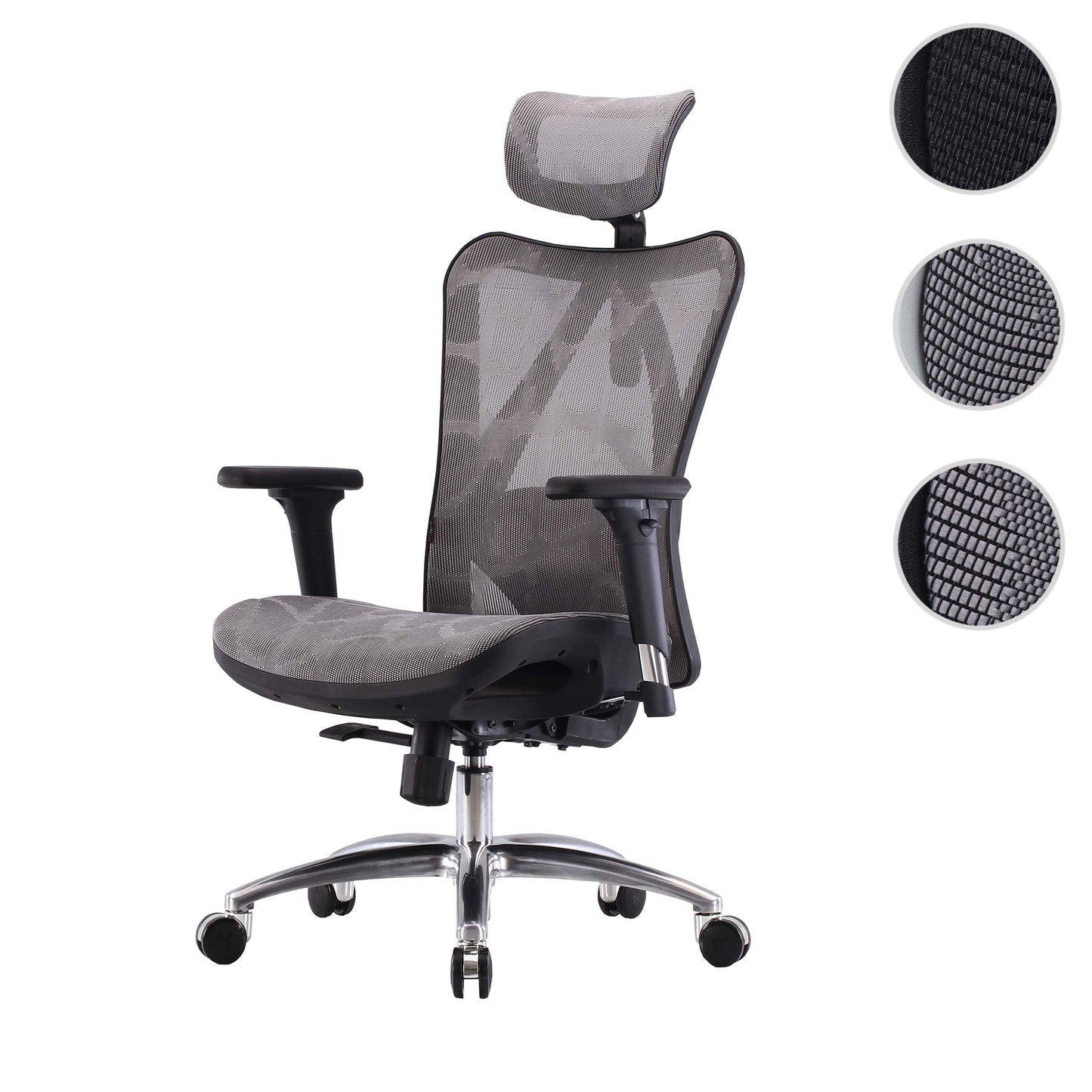SIHOO bureaustoel bureaustoel, ergonomisch, verstelbare armleuning, 150kg belastbaar ~ grijze bekleding, zwart frame