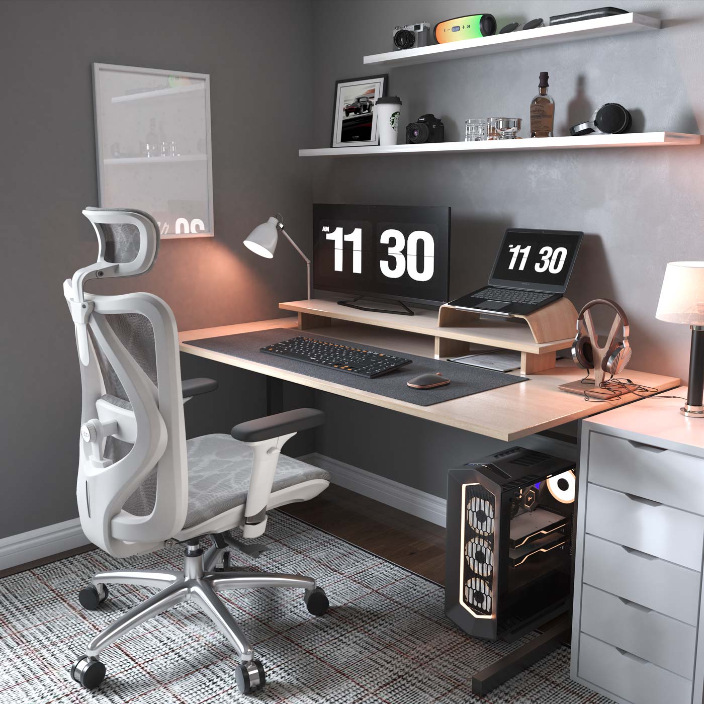 SIHOO bureaustoel bureaustoel, ergonomisch, verstelbare armleuning, 150kg belastbaar ~ grijze bekleding, wit frame