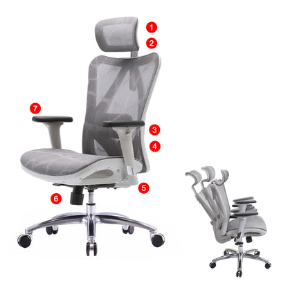 SIHOO bureaustoel bureaustoel, ergonomisch, verstelbare armleuning, 150kg belastbaar ~ grijze bekleding, wit frame