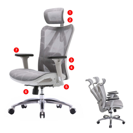 SIHOO bureaustoel bureaustoel, ergonomisch, verstelbare armleuning, 150kg belastbaar ~ grijze bekleding, wit frame