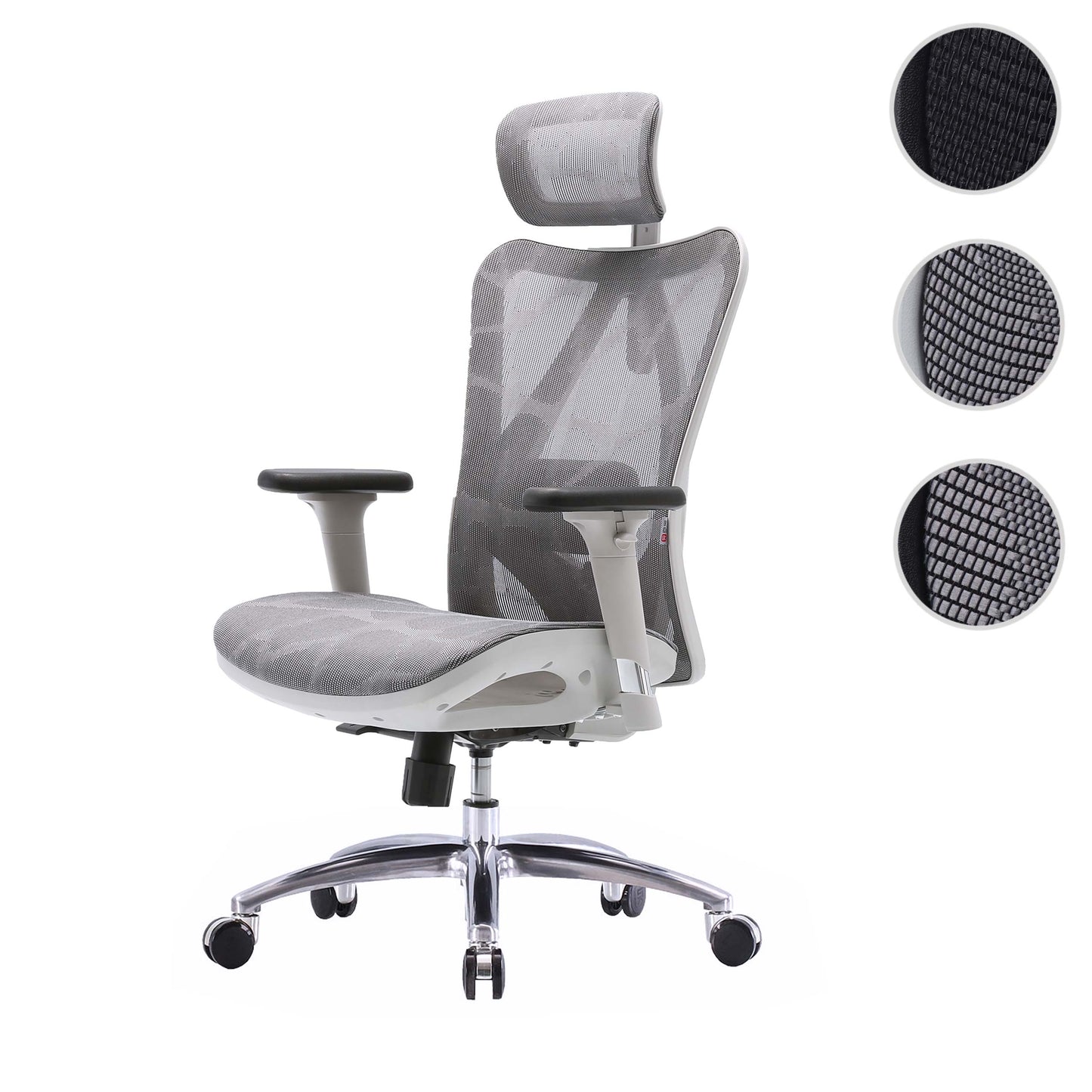 SIHOO bureaustoel bureaustoel, ergonomisch, verstelbare armleuning, 150kg belastbaar ~ grijze bekleding, wit frame