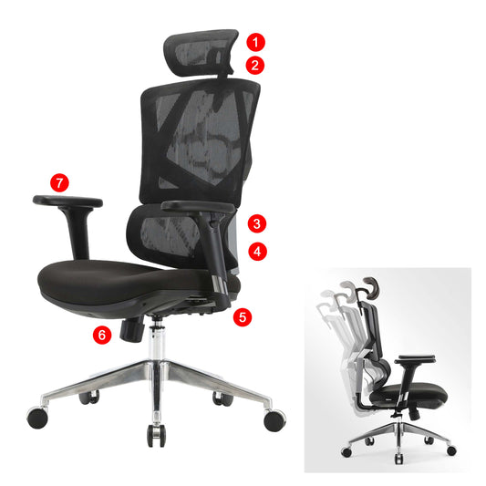 SIHOO bureaustoel bureaustoel ergonomisch, lendensteun hoge rugleuning 3D armleuningen ~ zwart gestoffeerd