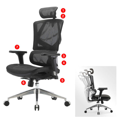SIHOO bureaustoel bureaustoel ergonomisch, lendensteun hoge rugleuning 3D armleuningen ~ mesh zwart