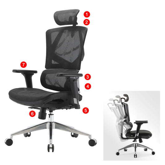 SIHOO bureaustoel bureaustoel ergonomisch, lendensteun hoge rugleuning 3D armleuningen ~ mesh zwart