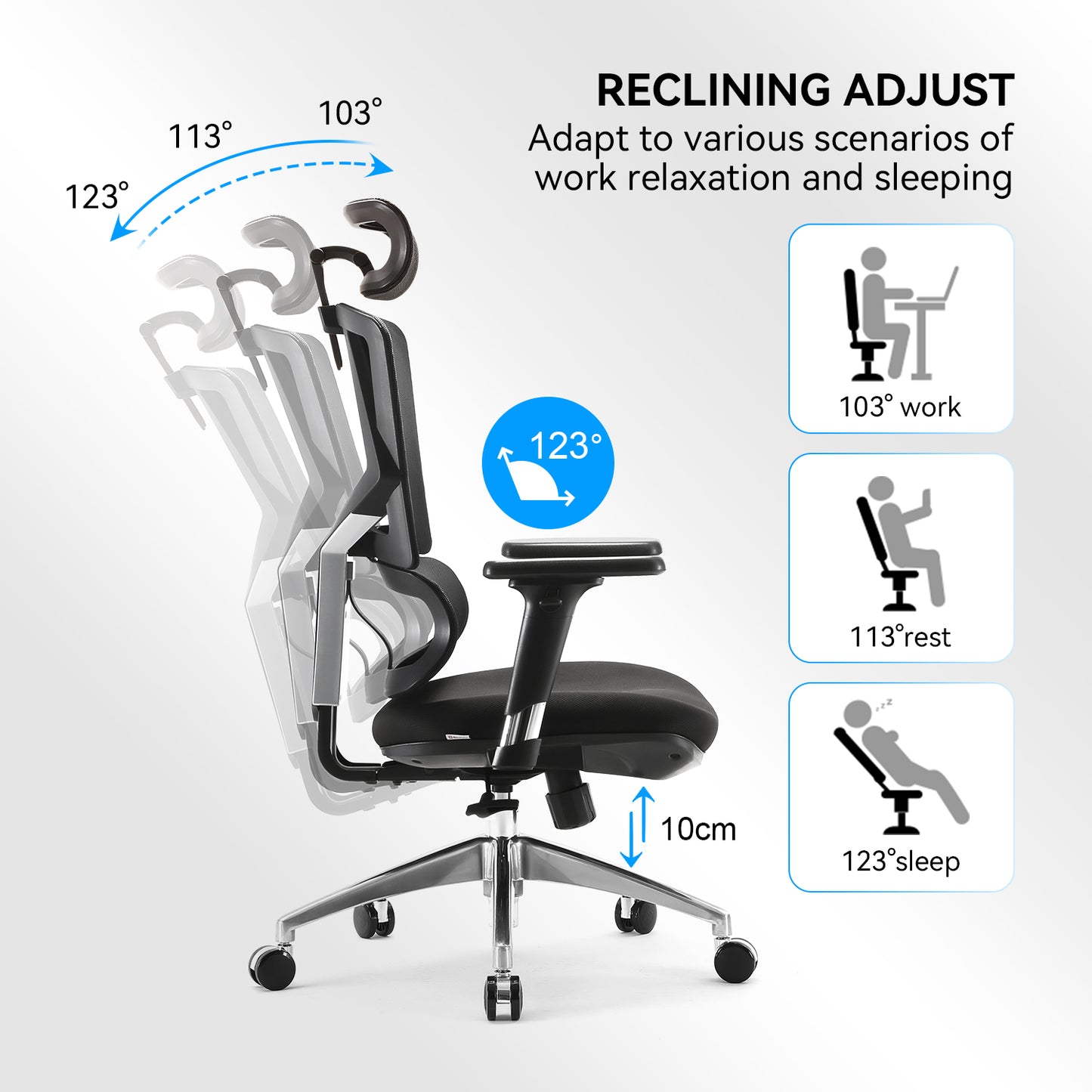 SIHOO bureaustoel bureaustoel ergonomisch, lendensteun hoge rugleuning 3D armleuningen ~ mesh zwart
