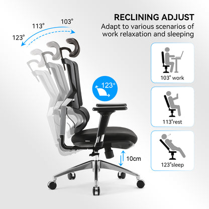 SIHOO bureaustoel bureaustoel ergonomisch, lendensteun hoge rugleuning 3D armleuningen ~ mesh zwart