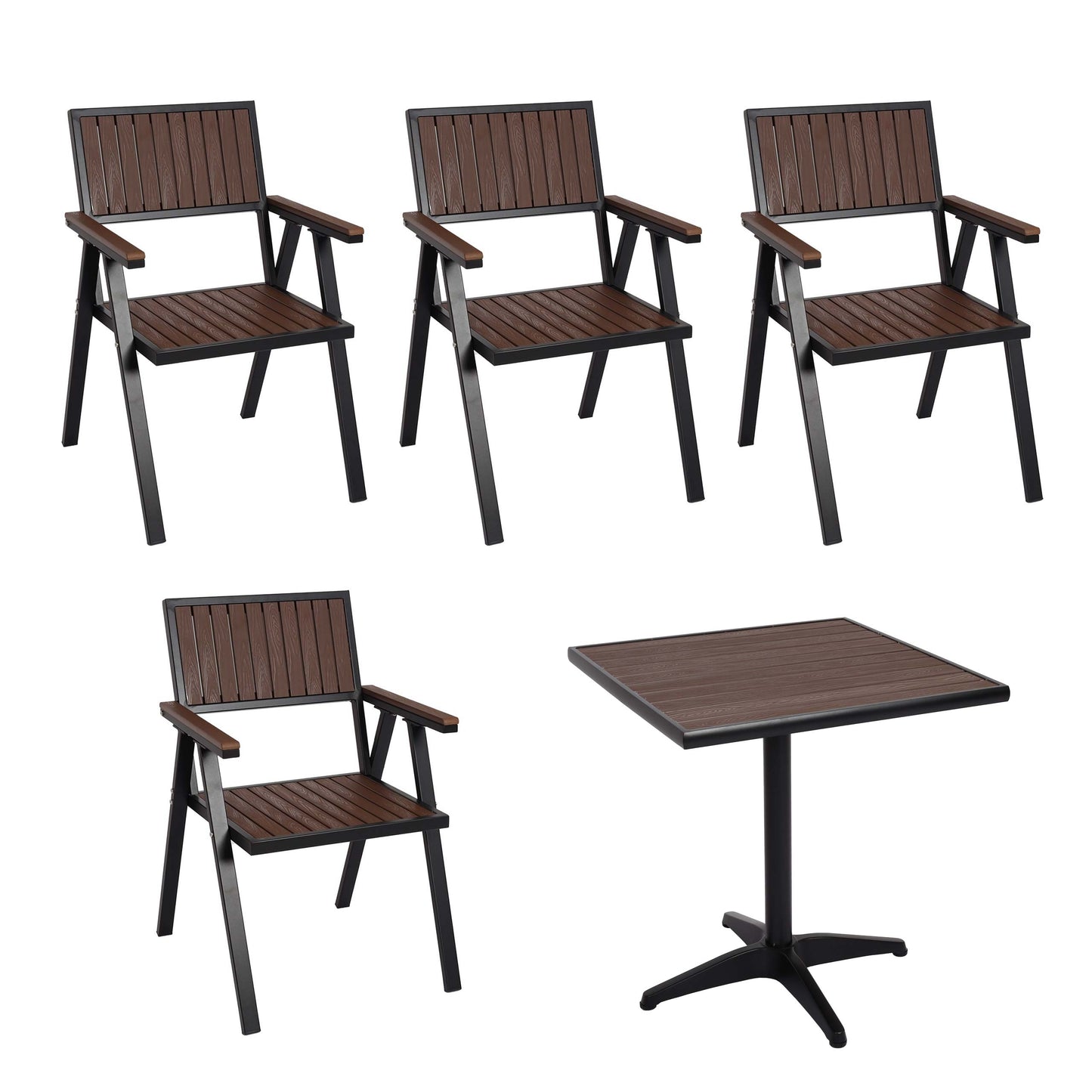 Set van 4 tuinstoelen + tuintafel MCW-J95, stoel tafel, gastro outdoor coating, aluminium hout look ~ zwart, donkerbruin