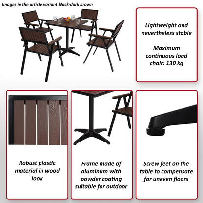 Set van 4 tuinstoelen + tuintafel MCW-J95, stoel tafel, gastro outdoor coating, aluminium hout look ~ zwart, grijs