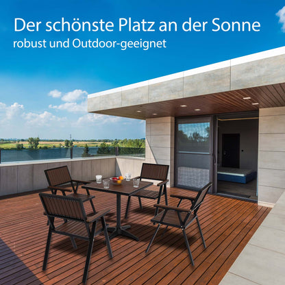Set van 4 tuinstoelen + tuintafel MCW-J95, stoel tafel, gastro outdoor coating, aluminium hout look ~ champagne, grijs