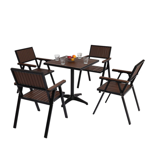 Set van 4 tuinstoelen + tuintafel MCW-J95, stoel tafel, gastro outdoor coating, aluminium hout look ~ zwart, donkerbruin