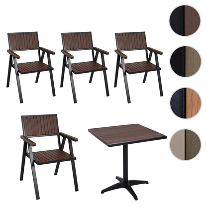 Set van 4 tuinstoelen + tuintafel MCW-J95, stoel tafel, gastro outdoor coating, aluminium hout look ~ zwart, donkerbruin