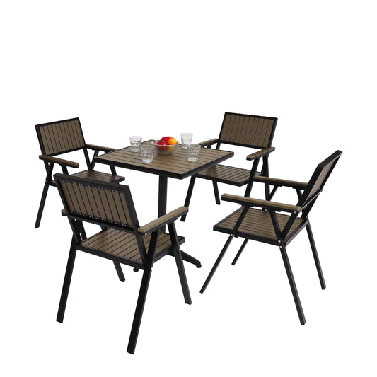 Set van 4 tuinstoelen + tuintafel MCW-J95, stoel tafel, gastro outdoor coating, aluminium hout look ~ zwart, grijs