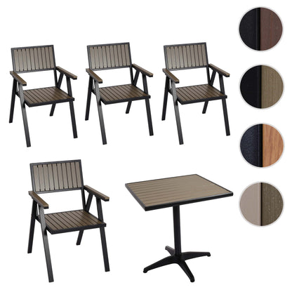 Set van 4 tuinstoelen + tuintafel MCW-J95, stoel tafel, gastro outdoor coating, aluminium hout look ~ zwart, grijs