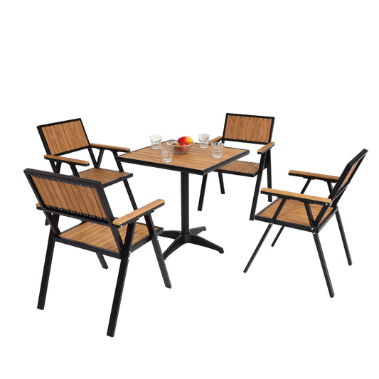 Set van 4 tuinstoelen + tuintafel MCW-J95, stoel tafel, gastro outdoor coating, aluminium hout look ~ zwart, teak