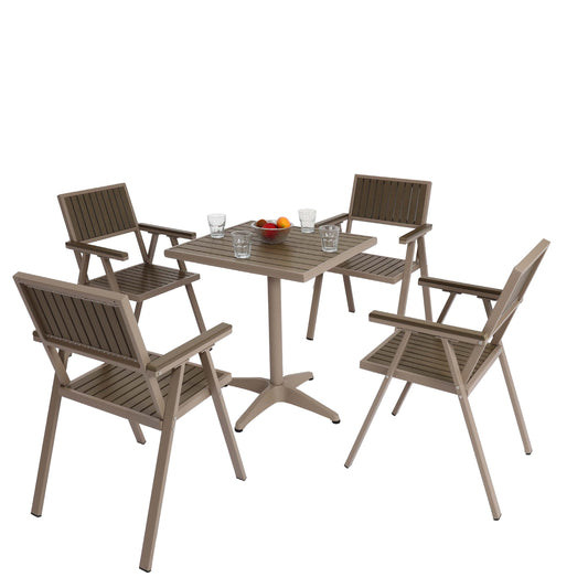 Set van 4 tuinstoelen + tuintafel MCW-J95, stoel tafel, gastro outdoor coating, aluminium hout look ~ champagne, grijs