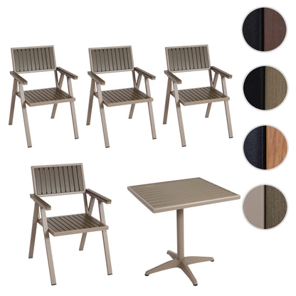 Set van 4 tuinstoelen + tuintafel MCW-J95, stoel tafel, gastro outdoor coating, aluminium hout look ~ champagne, grijs