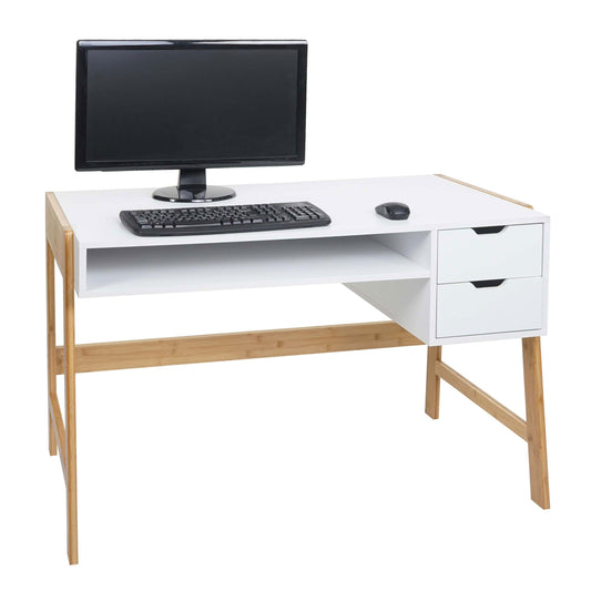 Bureau MCW-K12, bureau computerbureau werktafel, lade, bamboe 76x115x58cm ~ wit