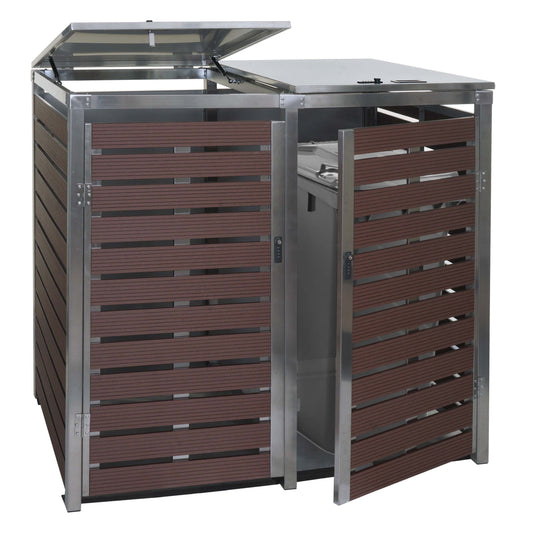 2 afvalemmerbehuizing MCW-K14, afvalemmerbox, 119x134x84cm WPC roestvrij staal 78kg ~ walnoot houtlook