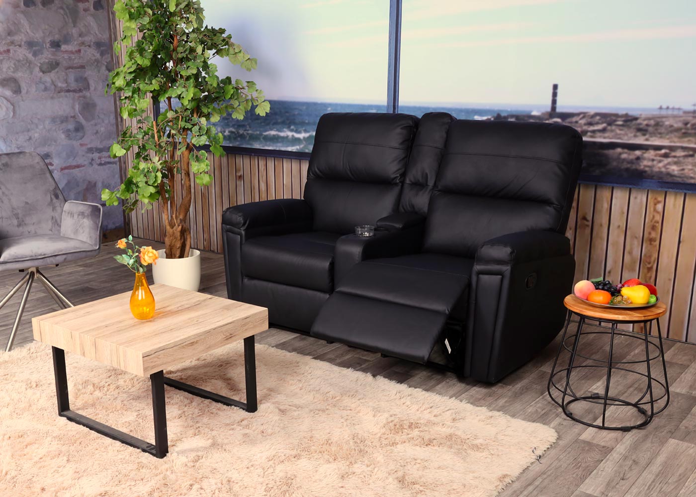 2-zits bioscoopfauteuil MCW-K17, relaxfauteuil TV fauteuil bank, Nosag vering bekerhouder compartiment ~ kunstleder zwart