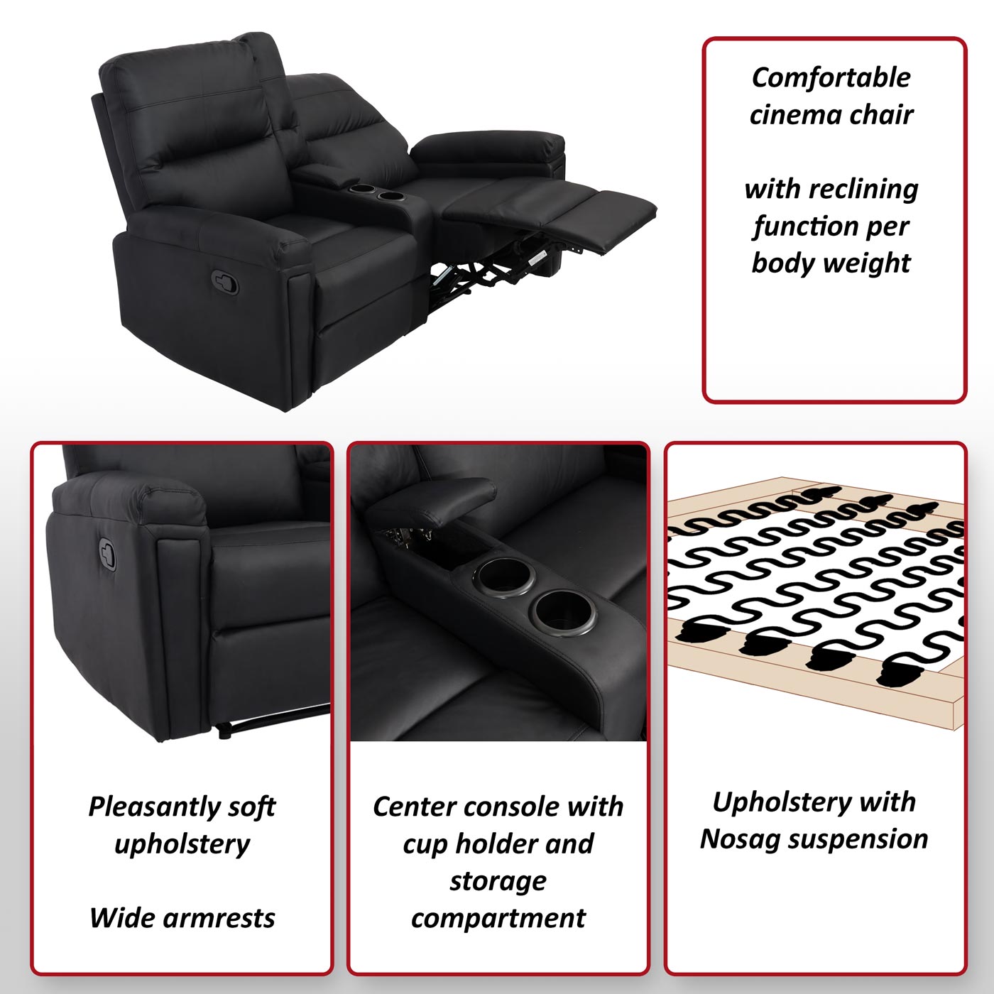 2-zits bioscoopfauteuil MCW-K17, relaxfauteuil TV fauteuil bank, Nosag vering bekerhouder compartiment ~ kunstleder zwart