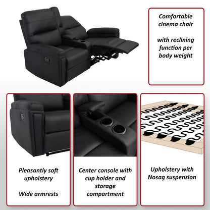2-zits bioscoopfauteuil MCW-K17, relaxfauteuil TV fauteuil bank, Nosag vering bekerhouder compartiment ~ kunstleder zwart