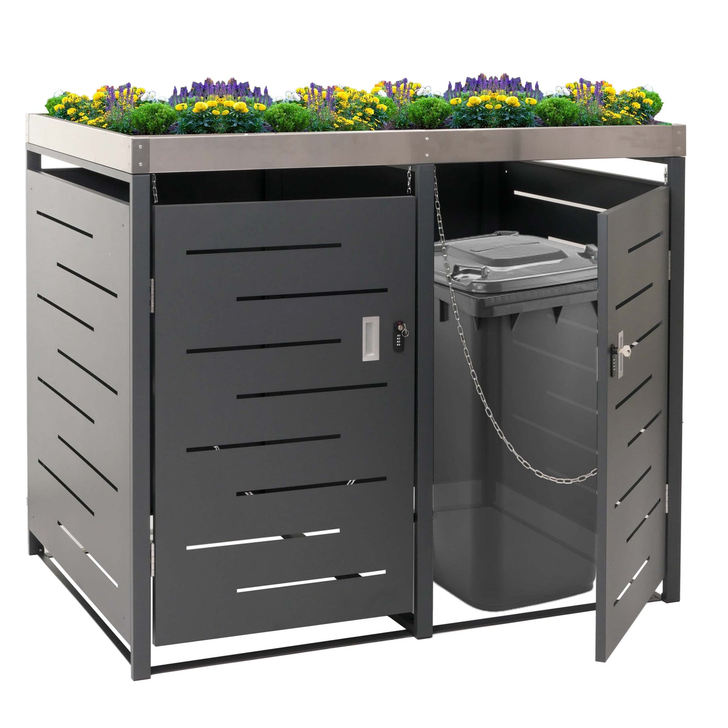 2-bakken deksel MCW-H40, afvalbak, plantenbak roestvrij staal-metaal combinatie 54kg 125x134x84cm uitbreidbaar