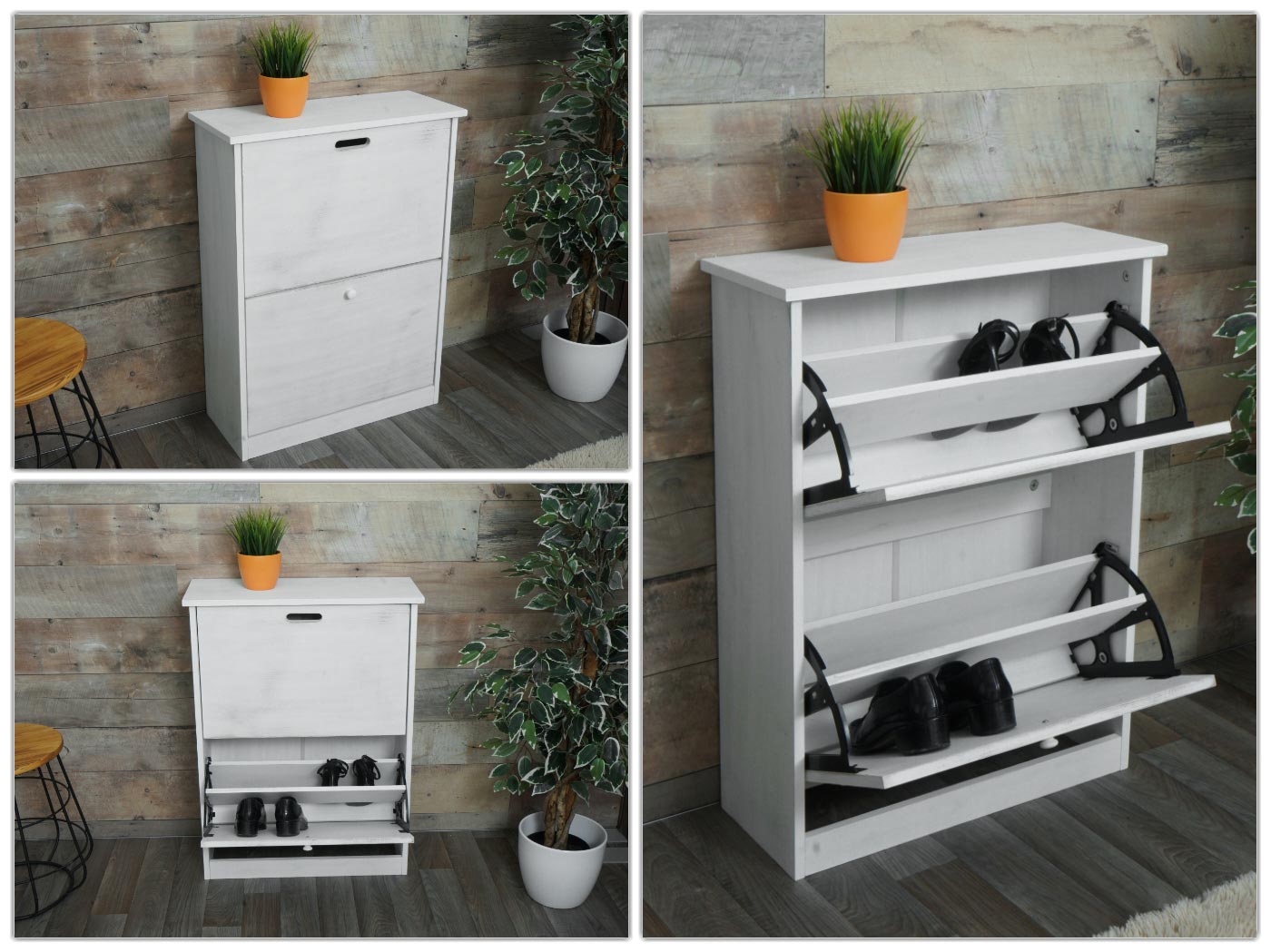 Schoenenkantelaar MCW-K45, schoenenkast schoenenrek, 81x60x25cm 2 kleppen, MDF gemaakt van Paulownia ~ shabby white