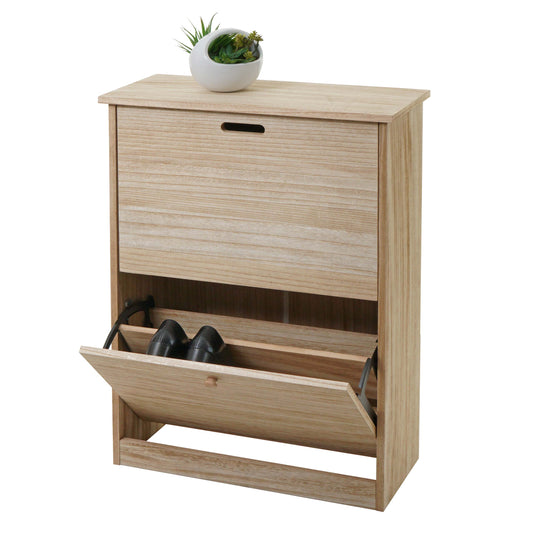 Schoenenkantelaar MCW-K45, schoenenkast schoenenrek, 81x60x25cm 2 kleppen, MDF gemaakt van paulownia ~ naturel bruin