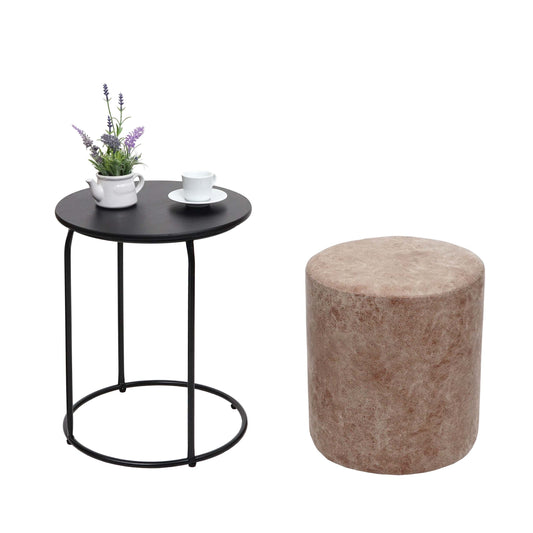 Set van 2 krukjes en bijzettafel MCW-K48, salontafel krukje, MVG-gecertificeerd MDF metaal kunstleer ~ bruin