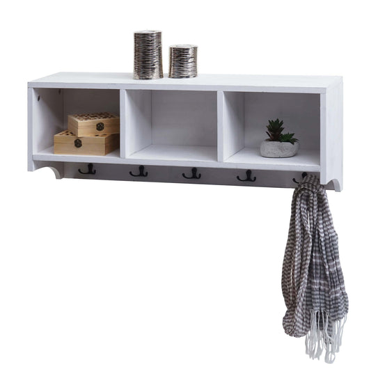 Wandkapstok MCW-K49, kapstok Wandkapstok Rek, 3 opbergvakken 5 haken 30x80x20cm hout ~ wit, shabby