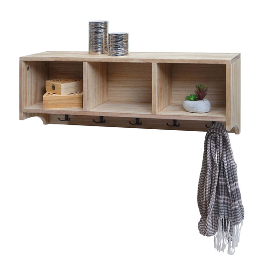 Wandkapstok MCW-K49, kapstok Wandkapstokplank, 3 opbergvakken 5 haken 30x80x20cm hout ~ natuurlijk bruin