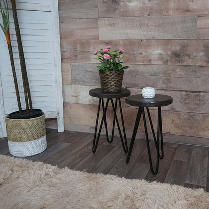 Set van 2 bijzettafels MCW-A80, nachtkastje salontafel, industrieel echt hout Ø25cm ~ donkerbruin