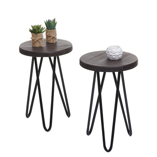 Set van 2 bijzettafels MCW-A80, nachtkastje salontafel, industrieel echt hout Ø25cm ~ donkerbruin