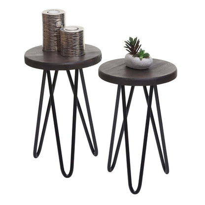 Set van 2 bijzettafels MCW-A80, nachtkastje salontafel, industrieel echt hout Ø25cm ~ donkerbruin