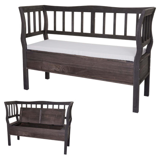 Bank T207, bankkist houten bank opbergkist, opbergvak kussen hout 119cm ~ grijsbruin, shabby