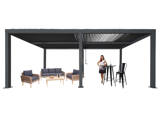 Pergola MCW-L46, tuinpaviljoen met latten, 11cm aluminium frame, stormvaste regengoot, 3x6m ~ antraciet