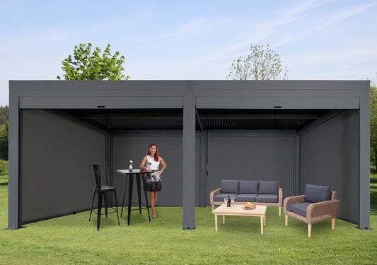 Pergola MCW-L46 met 6x zijwand, tuinpaviljoen lamellenrolgordijn, 11cm aluminium frame, stormvast 3x6m ~ antraciet