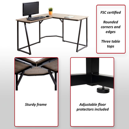 Hoekbureau MCW-K66, computerwerktafel, MVG-gecertificeerd 76x125x125cm, MDF metaal ~ natuurlijke kleur