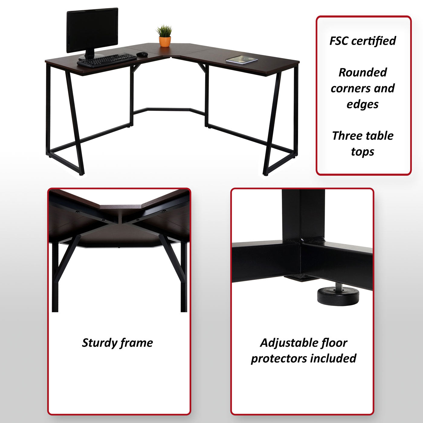 Hoekbureau MCW-K66, computerwerktafel, MVG-gecertificeerd 76x140x140cm, MDF metaal ~ donkerbruin