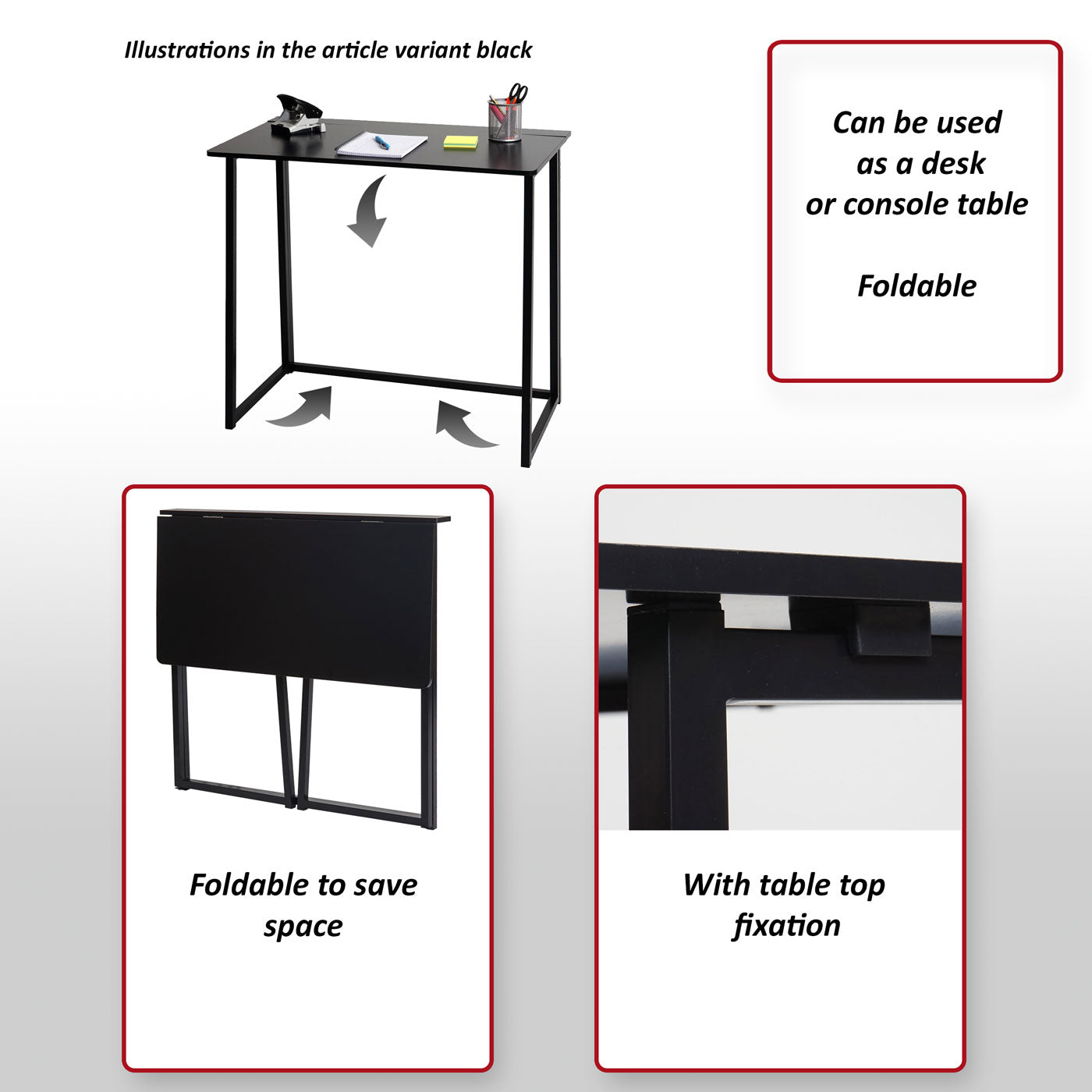 Bureau MCW-K67 opvouwbaar, consoletafel opvouwbare laptoptafel opbergtafel, 80x45cm, metaal MDF ~ zwart bruin