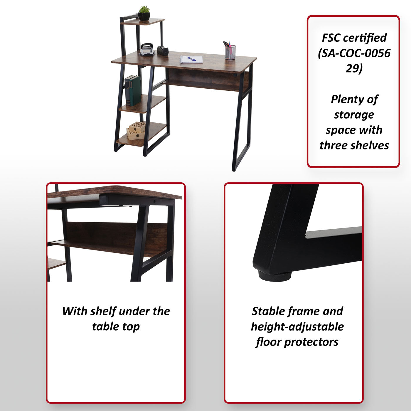 Bureau met legplank MCW-K68, laptoptafel bureau werktafel, MVG-gecertificeerd 100x50cm, metaal MDF ~ bruin