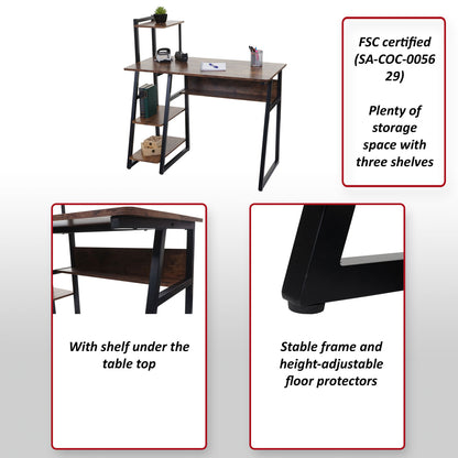 Bureau met legplank MCW-K68, laptoptafel bureau werktafel, MVG-gecertificeerd 100x50cm, metaal MDF ~ bruin