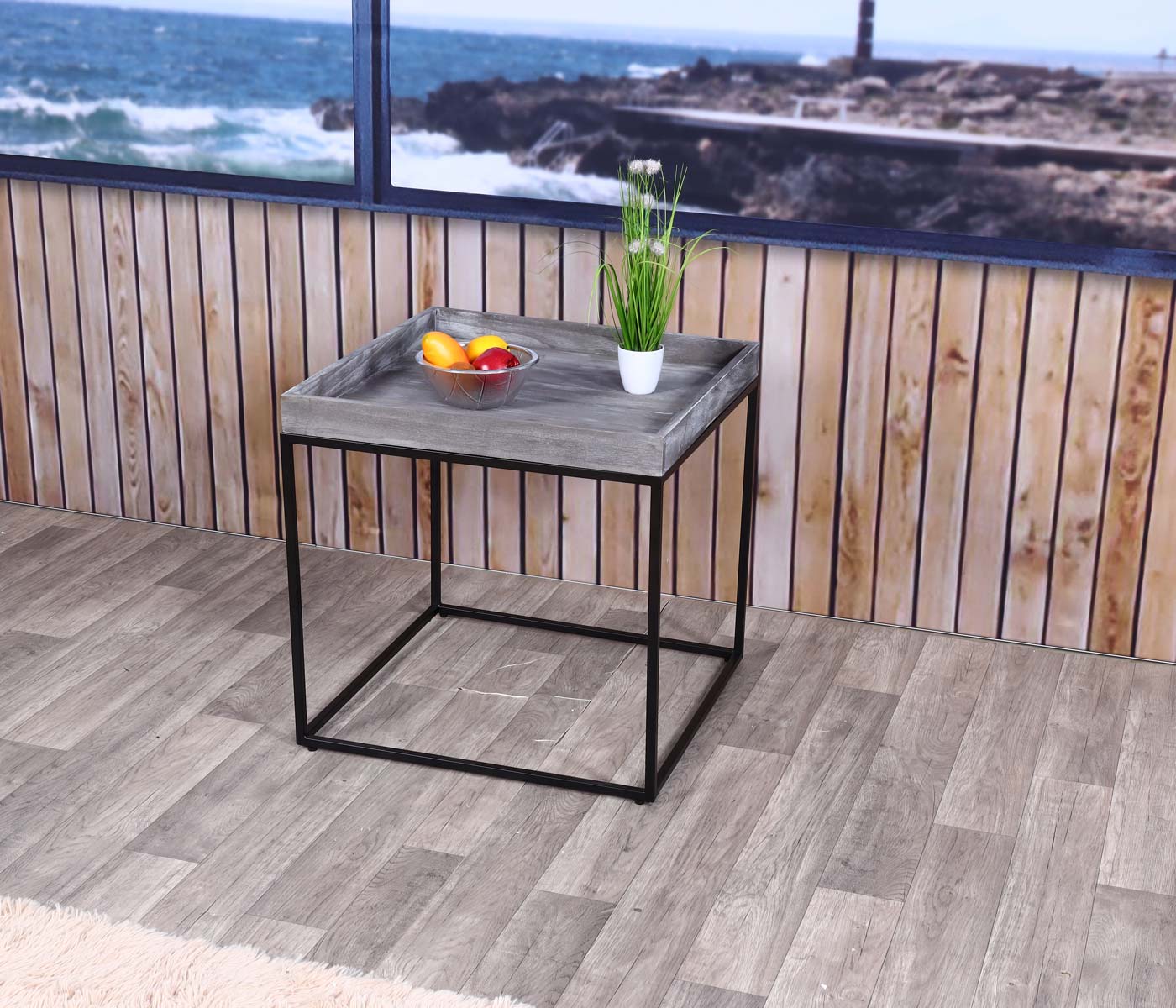 Bijzettafel MCW-K71, salontafel paulowniahout metaal 60x60x60cm ~ donkergrijs