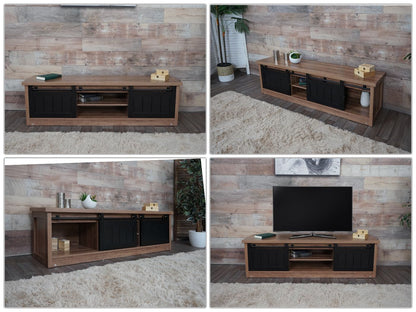 TV-rek MCW-K75, TV-tafel TV-plank, schuifdeuren opbergvakken, hout-look industrieel metaal 43x150x40cm ~ bruin