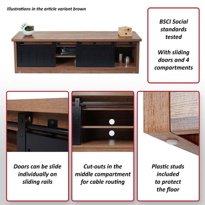 TV-rek MCW-K75, TV-tafel TV-plank, schuifdeuren opbergvakken, hout-look industrieel metaal 43x150x40cm ~ natuurlijke kleur