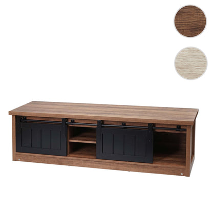 TV-rek MCW-K75, TV-tafel TV-plank, schuifdeuren opbergvakken, hout-look industrieel metaal 43x150x40cm ~ bruin