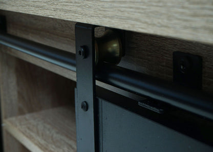 TV-rek MCW-K75, TV-tafel TV-plank, schuifdeuren opbergvakken, hout-look industrieel metaal 43x150x40cm ~ natuurlijke kleur