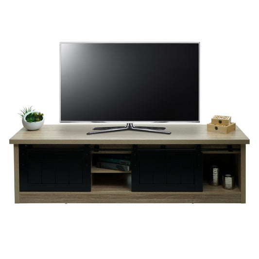 TV-rek MCW-K75, TV-tafel TV-plank, schuifdeuren opbergvakken, hout-look industrieel metaal 43x150x40cm ~ natuurlijke kleur