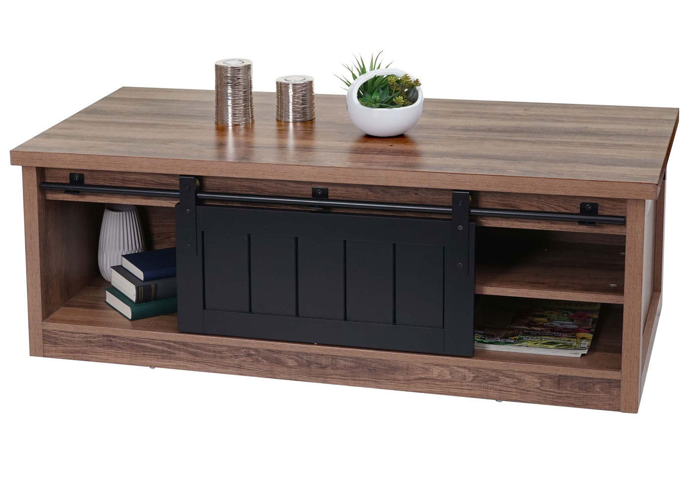 Salontafel MCW-K75, bijzettafel woonkamertafel, schuifdeur 6 opbergvakken, houtlook metaal 44x120x60cm ~ bruin
