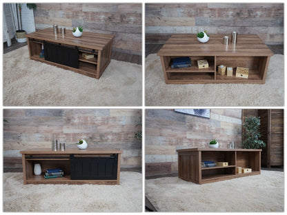 Salontafel MCW-K75, bijzettafel woonkamertafel, schuifdeur 6 opbergvakken, houtlook metaal 44x120x60cm ~ bruin